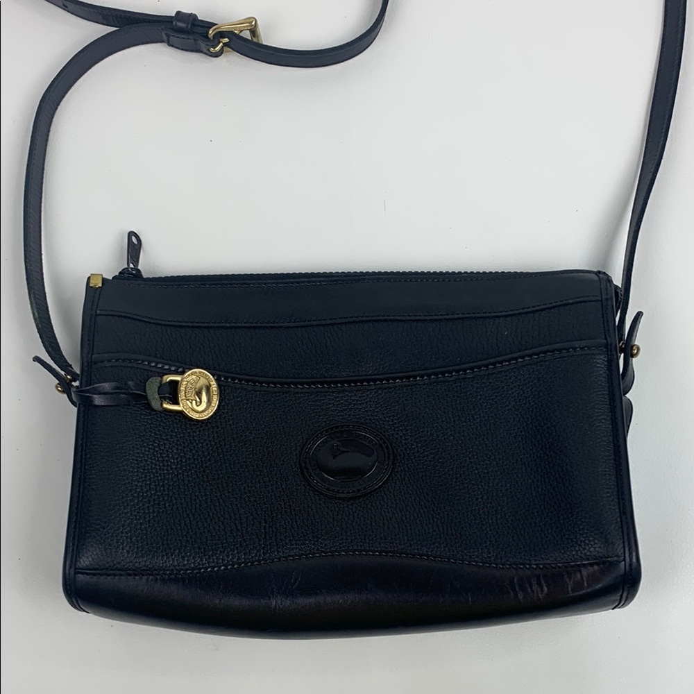 Vintage Dooney & Bourke Classic Black Leather Crossbody Bag Gold Charm Pockets